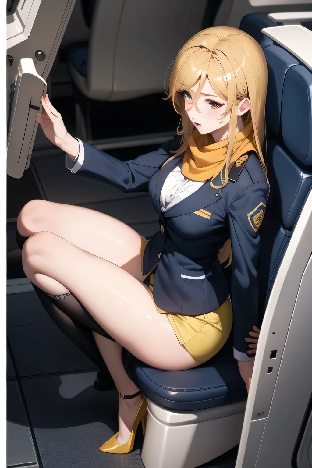 (Best quality、Unity 8k壁纸、32K、masutepiece、ultra - detailed、超A high resolution、Impresionismo、Photorealsitic:1.2)、Dynamic lighting、dynamic shot、Detailed 3D rendering、Detailed beautiful face and eyes、slenderness、Medium bust、(full bodyesbian:1.2)、 highly detailed back ground、(On the plane:1.4)、beauitful face、16-year-old beautiful girl、Shiny white skin、beautiful blonde hair、Wavy hair、Medium hair、eBlue eyes、flightattendantuniform、Pantyhose、No shoes、A smile、thighs thighs thighs thighs、Hurdles,black pantyhoses,Black pantyhose,blackstockings,