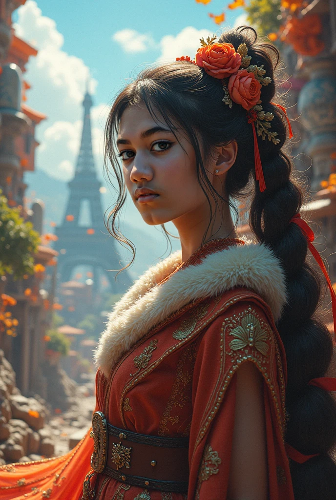 (best quality,highres:1.2),ultra-detailed,realistic:1.37,portraits,beautiful girl,traditional dress,detailed eyes,luxurious long hair,graceful pose,delicate facial features,warm sunlight,soft shadows,vibrant colors,mythical atmosphere,authentic cultural heritage,Myanmar beauty