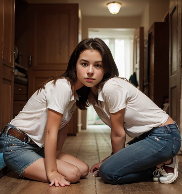 A girl about is lying on a metal examination table and has to give a urine sample. They try to reach her and she can just let the pee run and it then flows into a container for a urine sample in the hospital.