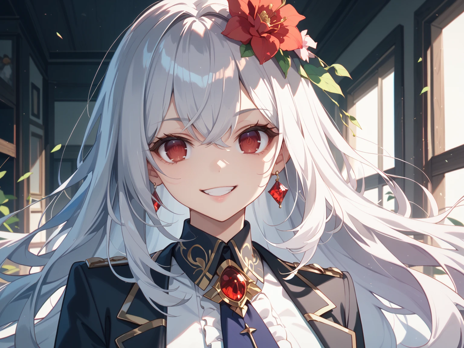 umamusume, 1 girl, Solo, 16 years old,Best Quality, Ultra-detailed, 8K, High resolution, detailed face, light gray hair without accessorie, straight hair, horse years, light brown eyes, light smile, gentle smile, grace, red jacket,