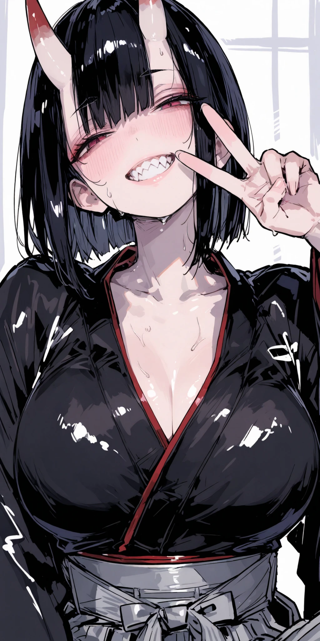 masterpiece, top quality, general, Sluisap, SakimiStyle, XXX667_illu, 748cmstyle, great quality, CHARACTER FOCUS, minimalist, upper body, Japanese oni, half-closed eyes,large breast, shiny skin, naughty grin, Japanese hakama, black short bob hairstyle, v-sharp eyebrows, sweat, sharp double teeth, victory hand, tilt her head