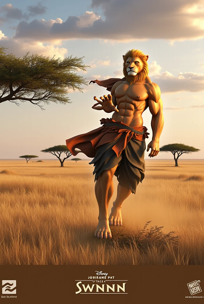 There is one adult character on this picture. The character is an adult anthropomorphic male lion, anthropomorphic lion character, slender character, barefoot, digitigrade, paws, lion tail, the character is topless, bare chest male, bare chested male, brown nipples, brown areolas, the character is wearing only a red loincloth with a few tribal jewels. The character is standing straight. Savannah on the background. Blurred background. Focus only on the character. Frontview. Camera frontview. fullbody. full body.