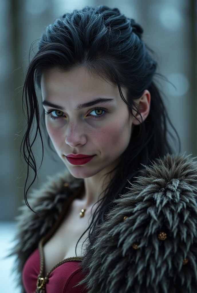 (best quality, hyperdetailed photography:1.2), beautiful lady, freckles, dark makeup, soft light, head and breast portrait, cover, (detailed beautiful face, detail skin texture, ultra-detailed body:1.1) ,((massive perfect breast)), ((snoopy breast:1.1)),((apocalyptic warrior:1.0)), strong body, red black hair, dark yellow eyes,,,,long open black coat, ((night snowfall)),