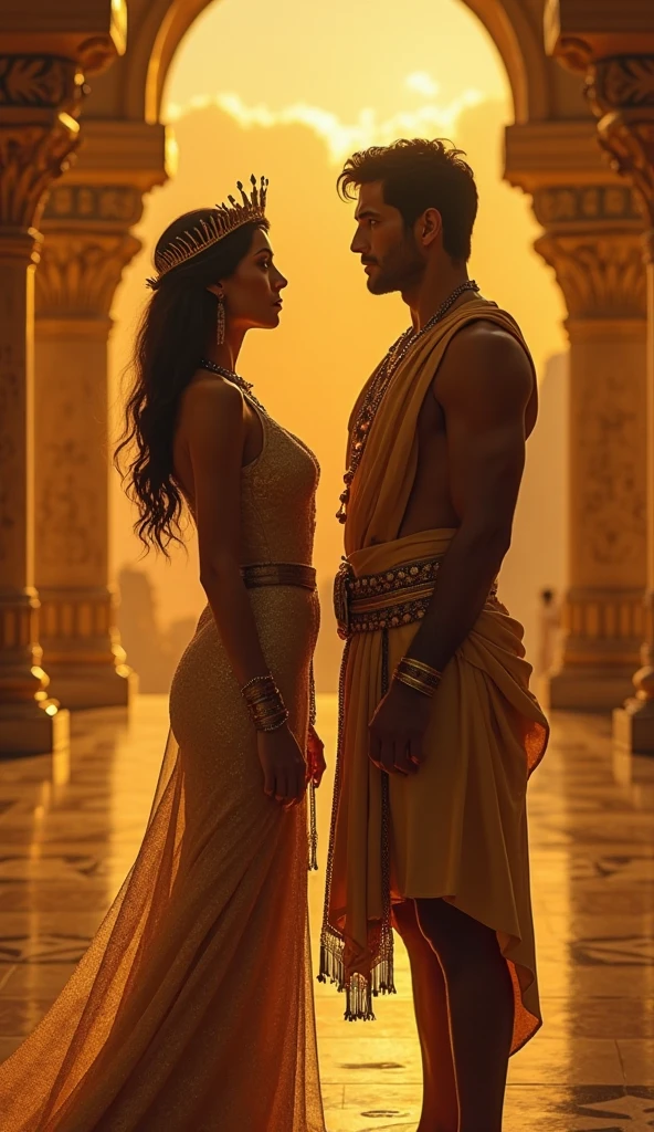 a Beautiful Indian hindu couple of handsome men in white gold plated dhoti with a bow and arrow and bare upper body and beautiful women in red gold plated saree, romantic pose, in big moon night, dinner in garden, soothing tones, muted colors, high contrast, (natural skin texture, hyperrealism, soft light, sharp, full body), Beautiful background,simple background,