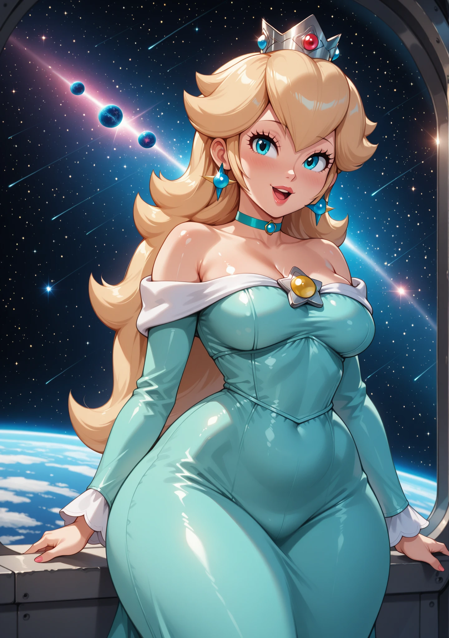 ((Rosalina)), (masterpiece:1.2, best quality), realistic, (real picture, intricate details, depth of field), ((solo:1.2)), highly-detailed, gorgeous perfect face, (skindentation), thick thighs, (wide hips), thim waist, tall, ((long blond hairs)), beautiful dark green eyes, (((long blue dress))), ((blue dress:1.2)), off shoulder, ((u-neck)), ((gigantic breasts:1.3)), high heels, wearing silver crown, blushing, looking at viewer, confident smile, toned body, ((floating in space)), ((skintight dress:1.3)), cleavage, full body shot,