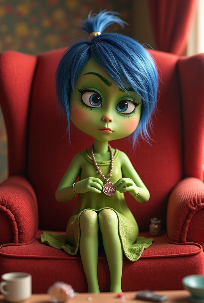Disgust character from Inside Out, in a bikini sitting on a chair
