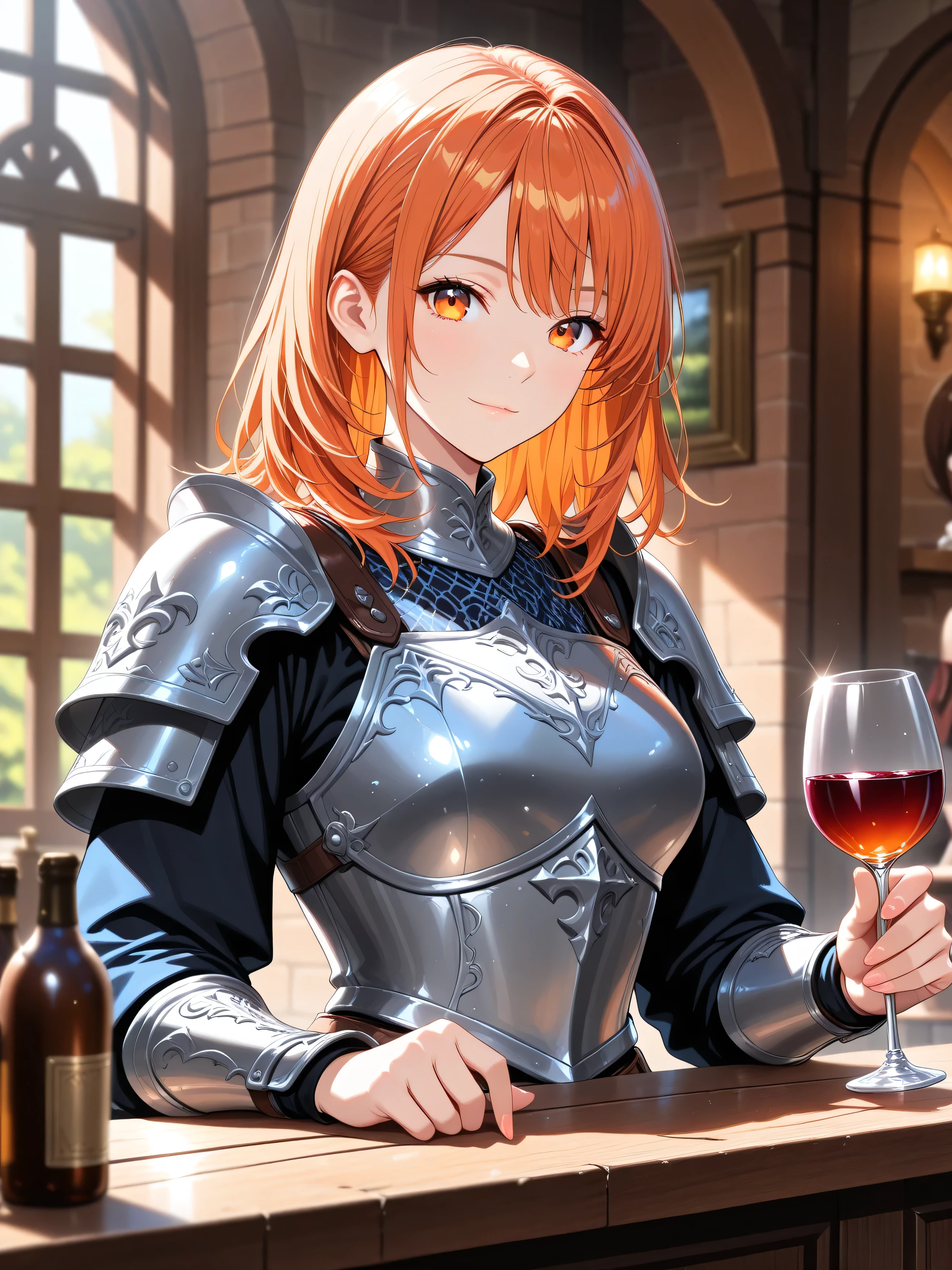 official art ,High Construction ,Hi-Res CG Unity 8K Wallpaper, super high accuracy , high accuracy , Half photo , Silk Embroidery and Film Grain , Best Quality ,8k, viewer , ((masterpiece)), ((Best Quality )), (beautiful), amazing shading, cinematic lighting, high resolution , absurdres , Fashion photography , newest , hyper-detailed , realism , depth of field, extremely clear image , contrasts of light and shadow , 2 . 5D , artistic photography , hyper realistic
,BREAK, booster ,detailer ,Design ,High Construction ,BREAK ,
,in the Countryside ,country ,Medieval Europe, fantasy Tavern ,Bar counter ,BREAK ,
Short girl ,Fair-skinned, orange hair ,medium hair , ,orange eyes ,Iron Armor ,light smile ,holding a wine glass