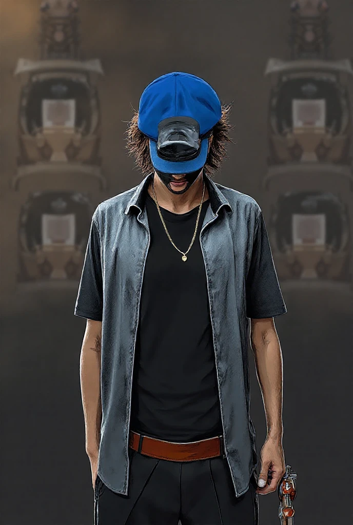 30 year old man ,tired eyes with dark circles ,moreno ,ragged clothes gray shirt ,blue pants ,black hat ,musculoso, borracho