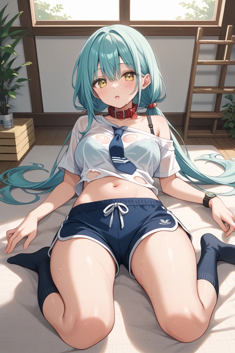 (Seios grandes Hatsune Miku,electronic singer,cabelo verde,Ombros nus,uma saia preta,mangas pretas,(Blusa de cor branca),Roupas brancas,8k,A high resolution,olhos verdes,fundo do concerto,No local do concerto,em concerto,Only beautiful thighs are exposed,the clothes are white,appear on the arm is 01,The number is 01,fundo brilhante,Leaves', cabelo de alta qualidade 8k ,The eyes of the anime heroine,Olhos de detalhes ultraelevados,olhos de alta qualidade,gravata longa,The length of the tie is thirty cm,Olhos de alto detalhe , and in panties and bra, full body wet from the rain