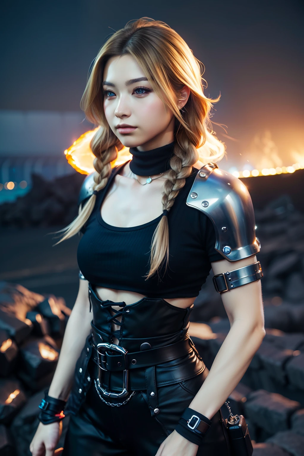 (((waist up::1. 4))), realistic skin texture, front view::1.0, (((Final Fantasy aesthetic style))) in complex & hyper detailed white fantasy armor (((lava glow effect::1. 0))), panning photography::1, midnight hour illumination, short blonde hair & long braid, (masterpiece), best quality, perfect face, 8k