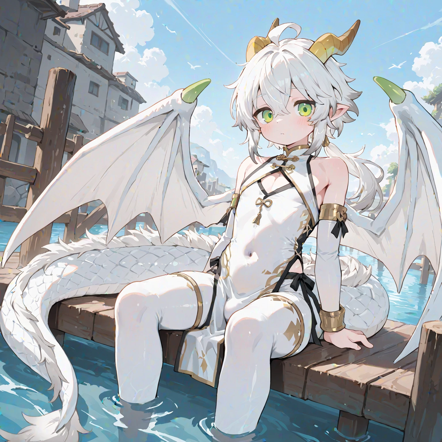 High quality,(best quality, 4k, a high resolution, masterpiece:1.2), Super detailed,1boy,solo,Male juvenile, Handsome boy, juvenile,snow-white hair, golden dragon horn, ((torn white bodysuit)),Patterned tights,short hair,golden eyes,(juvenile的肌肉),Tights torn by tentacles,blush with shame,( peins),,Lots of ,裸露的junile乳头,Bare penis,( the penis)