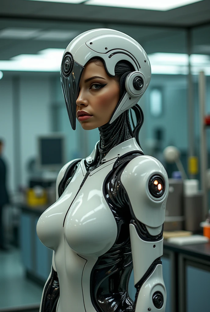 a close up of a woman in a futuristic suit posing for a picture, gynoid cyborg body, cybersuit, cyber suit, gynoid body, girl in mecha cyber armor, perfect cyborg female, sci-fi android female, diverse cybersuits, beutiful white girl cyborg, ultra detailed female android, beautiful alluring female cyborg, female mecha