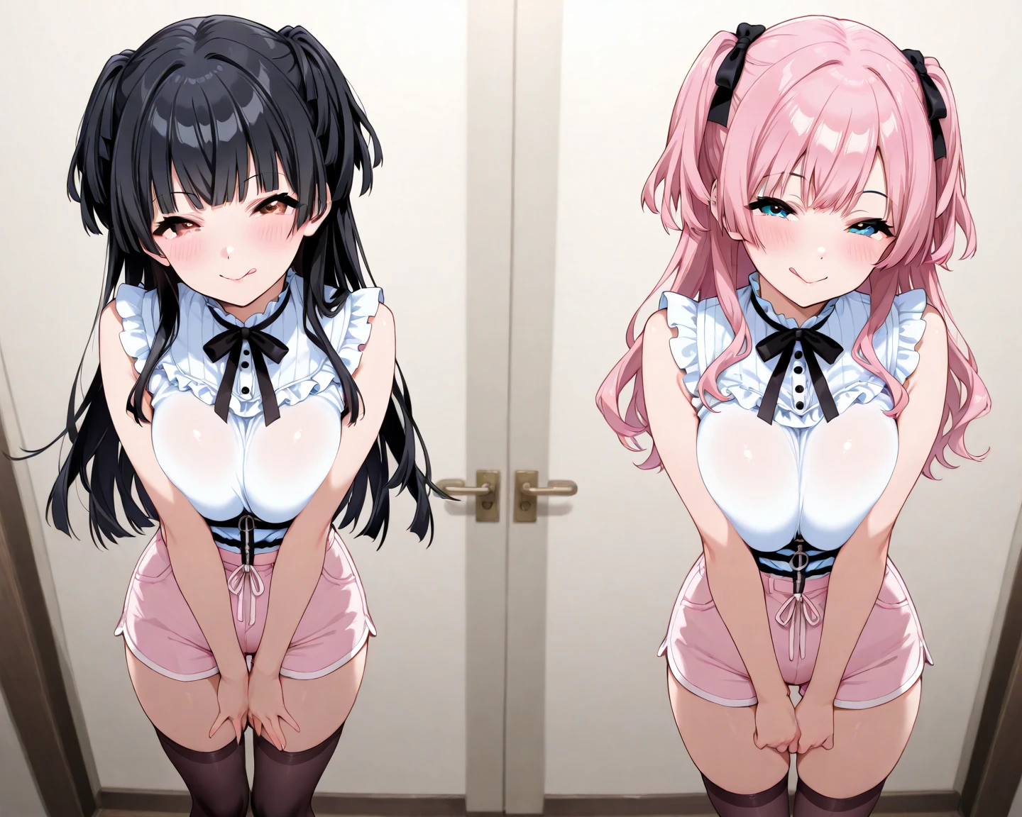 beautiful girl, {solo}, shiny skin, (long hair:1.5), (straight hair:1.3), (blunt bangs:1.6), {sideburns}, {bright pink hair color}, BREAK, {cobalt blue eyes}, BREAK, (pink goggles,on the top on head:1.2), BREAK, {{(overalls:1.6)}}, grin, (blush:1.1), dynamic pose, anime, best quality, detailed beautiful eyes, super detailed skin, detailed, caustics, (nsfw:1.9)
