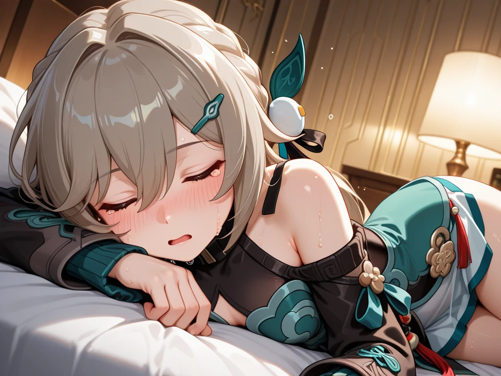 One girl, masterpiece, best quality, beautiful woman, light brown hair, yellow extensions, star hair ornament, golden eyes, round eyes, tareme, kimono, haori, night sky, lying on one's back, anime