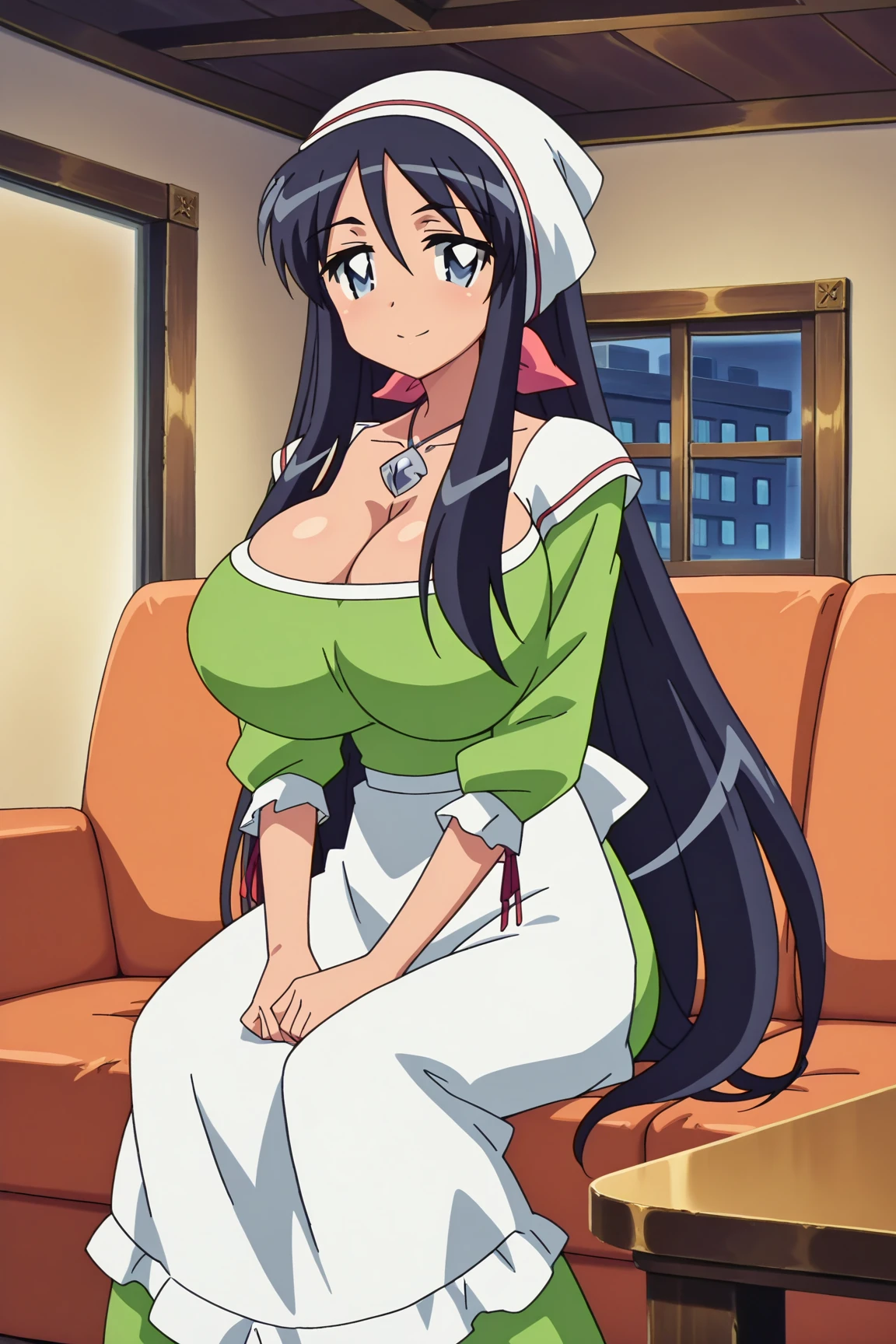 NSFW, masterpiece, (best quality: 1.2), long hair, blue eyes, green hair, worns, big breasts, evil_smile, sexy, ((NURSE)), red lipstick, fishnet stocking,, ((boy groping woman's big breasts from behind)), 1boy