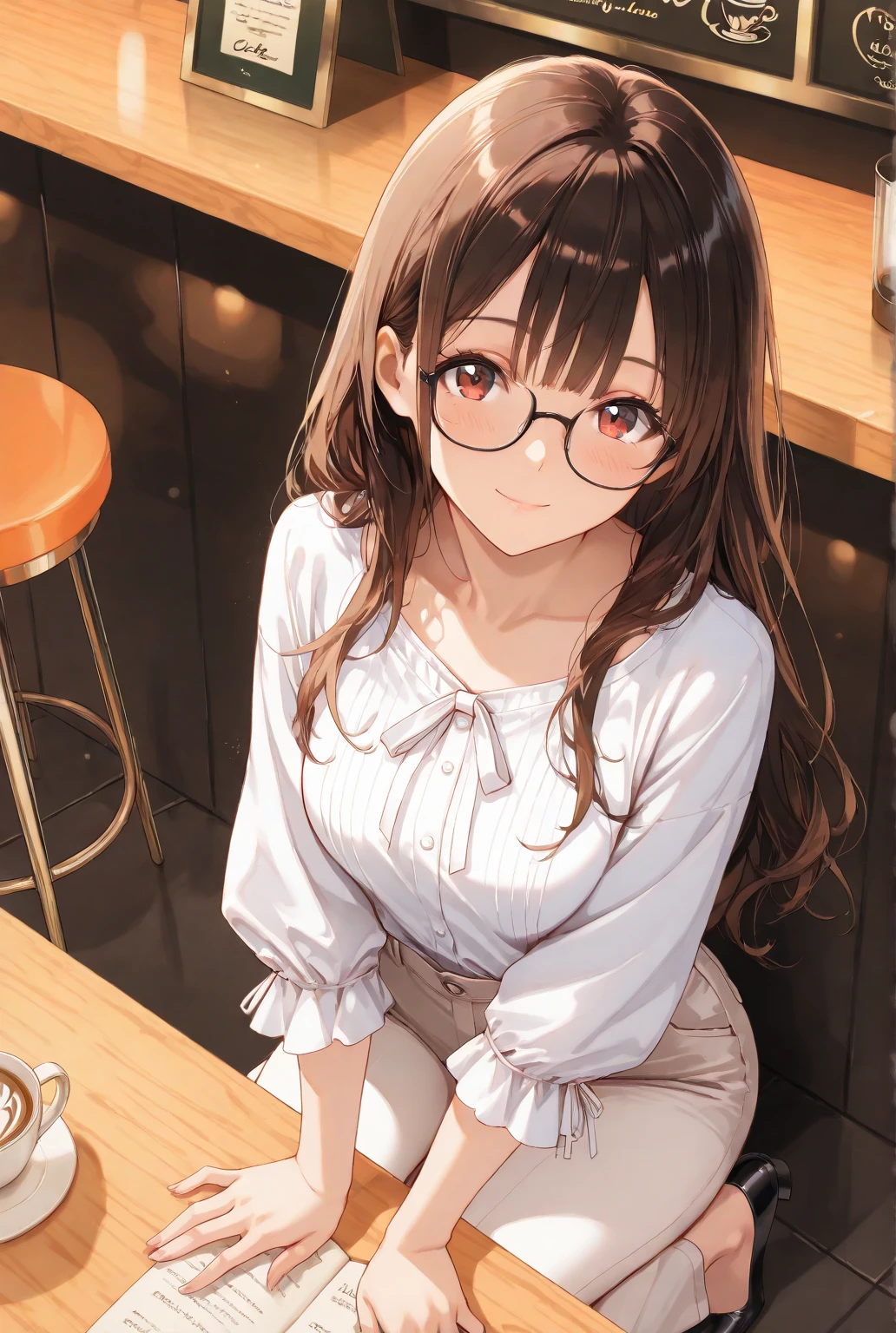 High resolution, high quality, 1 girl, anime girl, Brown hair long hair, brown eyes, green glasses, tanned skin, big breasts, (big ass),pink cardigan,white dirndl skirt,white knee socks,Upper body,close,sit on a chair,