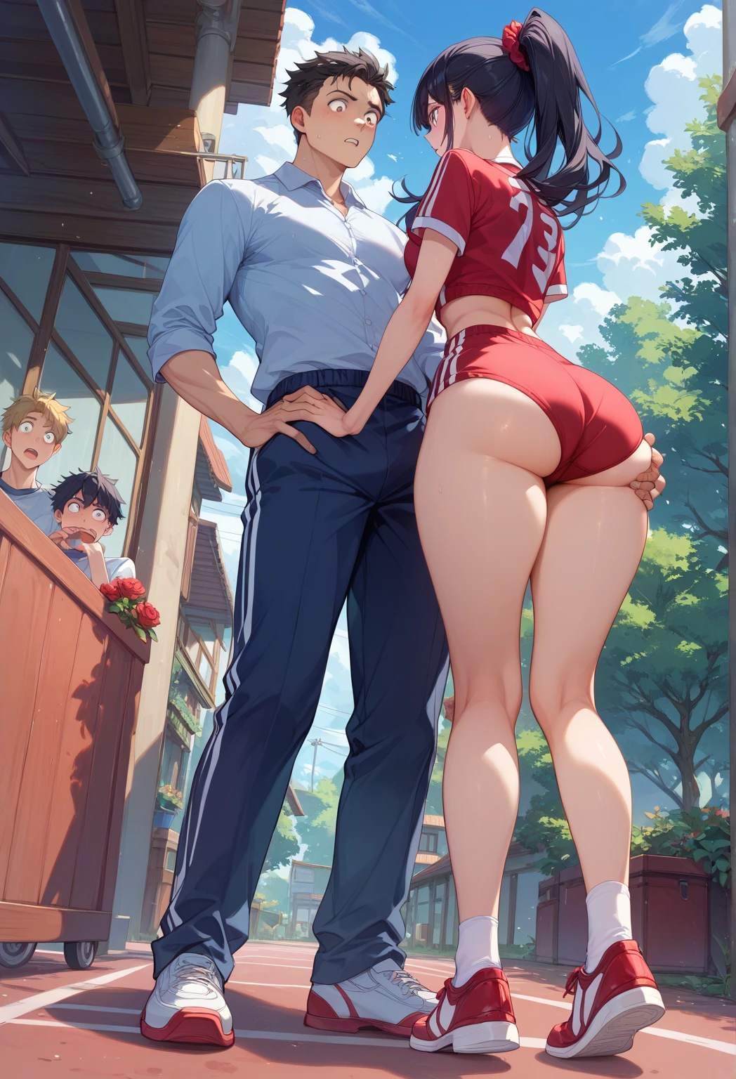 two people, brunette woman, beautiful long black hair, perfect body, round butt, white thong, large light blue shirt looking at the horizon leaning on a balcony, thong marking the pussy, naked man stretching thong string