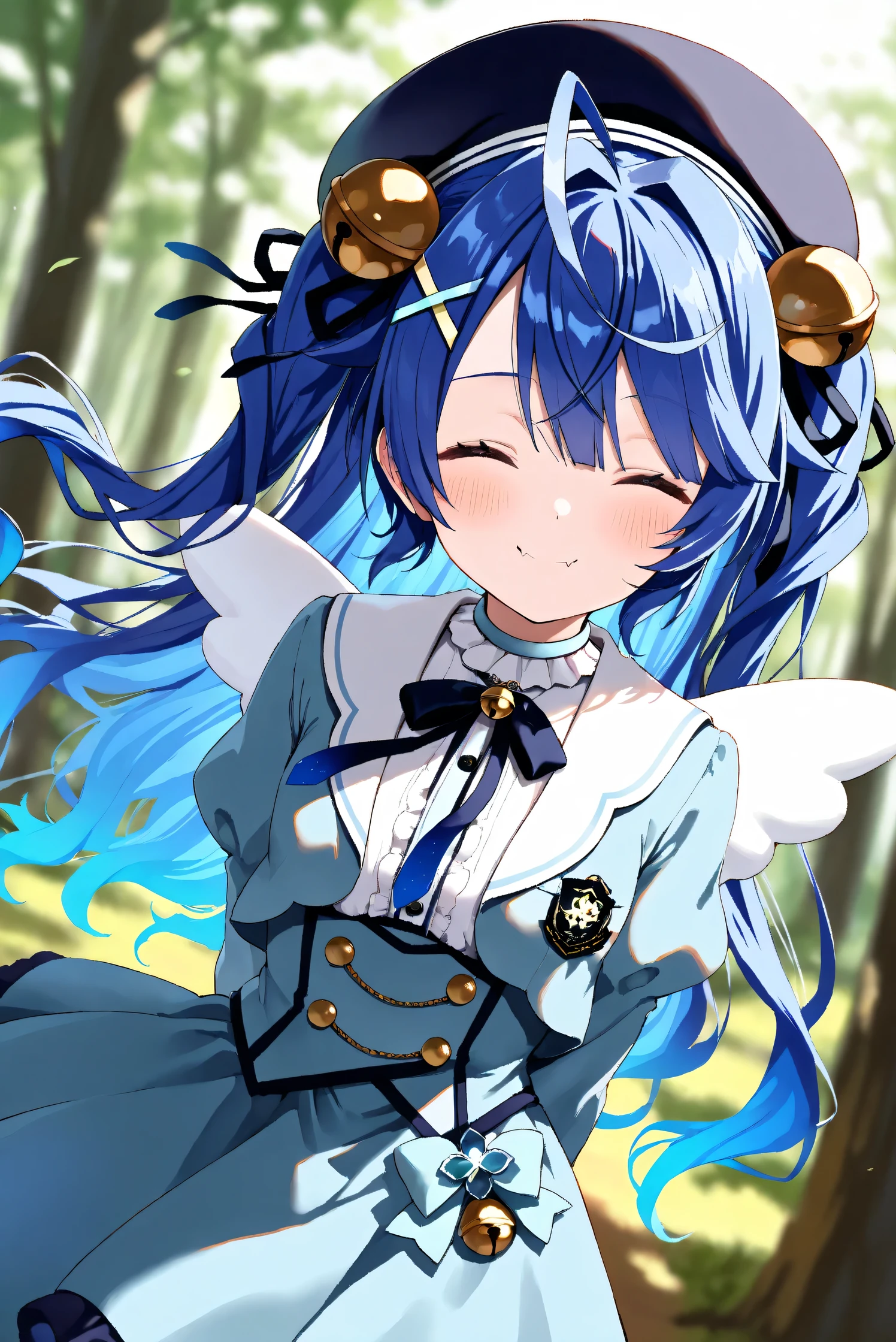(Masterpiece), (Highest quality), (Very detailed),
(The best shape), (Best Shadow), (Absurd),
(Detailed background), (So beautiful), Shiny ,
Extraordinary, Countershading, 8k, 32K, High resolution,
Very Detailed CG, UHD,
Score_9, Score_8_up, Score_7_up, Source_anime,
(Pastel painting:1.2), (Watercolor painting:1.2),
(Masterpiece, Detailed:1.2), (Foreshortening:1.2),
Cinematic, Dramatic, (Depth of field:1.4),
(Blurry background:1.4), (Realistic background:1.4),
(Foreshortening:1.3),Dynamic angle, 1 girl,
Outdoor, Nature, Wind, forest,
Amamiya Kokoro,
nijisanji, virtual youtuber,
akokoro, ribbon, hair bell, x hair ornament, two side up, skin fang,
beret, dress, blue dress, long sleeves, jingle bell, wings,
portrait, Focus on face, (close up shot:1.2),
(Blush:1.3), happy, smile, her eyes closed,
arms behind back,
Realistic skin, Shiny skin,