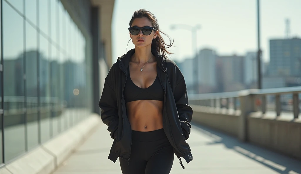 Uma linda mulher, face oval, Sensitive lips, grandes olhos castanhos, 30 anos old, corpo desportivo magro, medium sized breast, Out there in a park alone, 3/4 corpo, vista frontal, depois do esporte, wearing tight black sports bra and pantyhose, nenhum texto, tempo ensolarado, fundo desfocado, safety shot, cinematic lighting, desfoque de movimento, Film grain, muito detalhado, 30 anos, cabelo com ondas naturais, olhos castanhos escuros, high resolution, obra de arte, melhor qualidade, detalhes intrincados, altamente detalhado, sharp focus, pele detalhada, realista skin textura, textura, olhos detalhados, profissional, 4k, 85mm, profundidade superficial de campo, Kodak Color Vision, corpo em forma perfeita, extremamente detalhado, foto_\(ultra\), fotorealista, realista, post-processing, maximum detail, rugosidade, Vida real, ultra realista, fotorealism, fotography, 8K Ultra HD, fotography (Film grain) medium shot to close-up