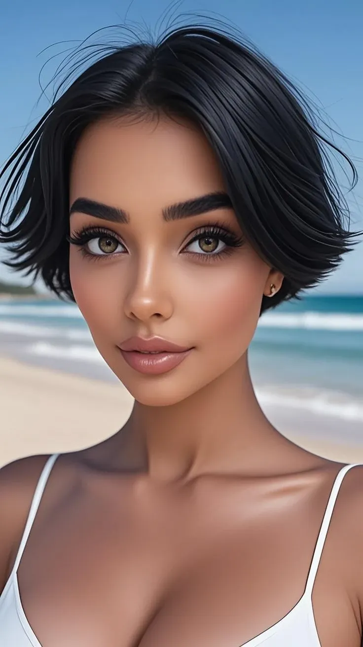 (((Tamara Taylor))), (a very tall slender woman with long legs walking on a busy beach promenade), ((tall slender figure)), ((hairstyle bob)), ((short black hair)), (narrow pelvis), (small round breasts), big brown eyes, ((small head)), It's evening and the sun is about to set, evening mood, she's smiling, (((She is wearing an elegant black pencil dress made of jersey fabric))), (photorealistic:1.2),  (best quality), (intricate details), 8K, (high poly), (ray tracing), (cinema lighting), (sharp focus), (detailed face:1.3), natural and realistic skin textures, soft face, (perspective from the front), (face by Tamara Taylor)