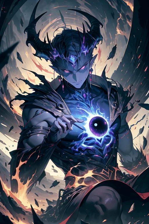 (absurdities, High resolutions, Ultra detailed, HDR), masterpiece, Best quality, Bald man sits on Demon with giant eye, with an arrogant look, only, rude man, Demon Eye, Giant Eye, Abominable, black demon wing, demon horn, Beautiful, Red eyes, bright eye, black robe, Earrings and accessories, bare chest, arrogant face, whole body, magic vortex, a spark, whirlpool, Black Aura, black and cloudy sky, abyss, abstract background, On the one hand, search, evil smile