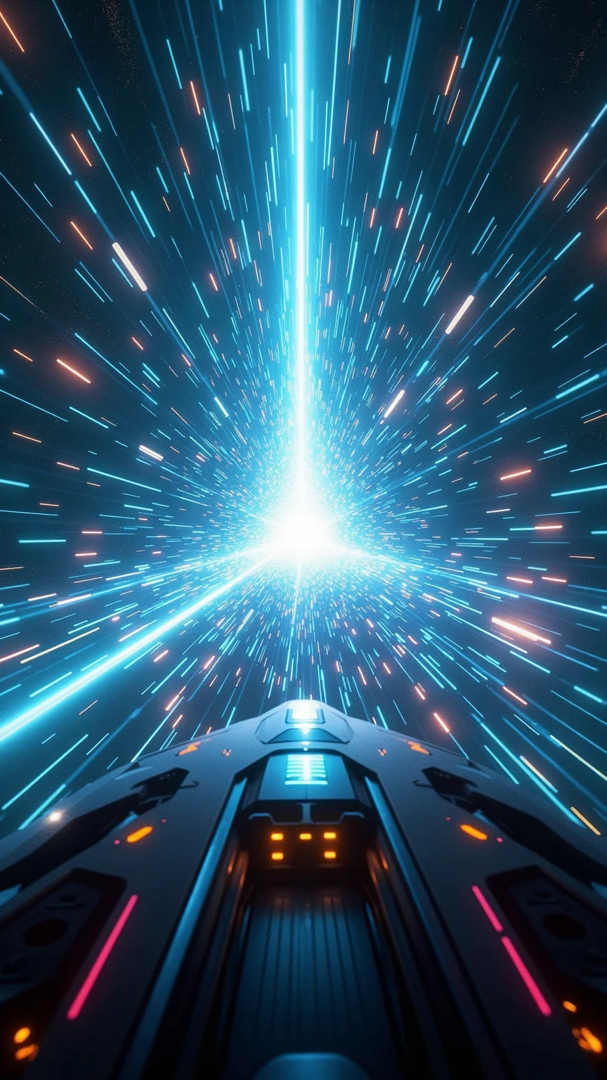 futuristic hyperspace warp-speed star corridor scene at night featuring radiant converging light streams and innumerable shimmering star particles stretching toward the viewer, simulating a faster-than-light journey through interstellar space. Expansive dynamic starfield backdrop with distant cosmic nebula filaments and subtle gravitational lensing distortions warping spatial lines. Microparticles of ionized plasma spark intermittently along luminescent light beams. Foreground framing: partial silhouette of a spacecraft cockpit canopy or warp nacelle with softly glowing control glyphs and heads-up display HUD elements at bottom corners. Occasional blurred asteroids and space debris streaking past. Medium: digital painting, hyper-realistic 3D render, artstation concept art quality, Octane-level detail. Style: cinematic photorealistic science-fiction with high dynamic range, ultra-detailed textures, volumetric light shafts, dynamic bloom and motion blur. Composition: panoramic ultra-wide 16:9 aspect ratio, central symmetrical vanishing point with radial perspective lines, slight rotational tilt to accentuate kinetic depth, layered depth from foreground cockpit framing to distant core. Lighting: intense concentrated core glow radiating outward, dynamic bloom and volumetric shafts piercing through translucent light layers, subtle lens flares, cinematic filmic tone mapping with gentle chromatic aberration. Color Palette: dominant electric cyan and deep azure hues, brilliant white core highlights, accented by subtle magenta and violet peripheral glows. Mood/Atmosphere: exhilarating awe-inspiring sensation of boundless speed, vertiginous immersion, cosmic wonder and anticipation. Technical Specs: simulated long exposure motion blur effect, ultra-high resolution 8K output, noise-free starfield rendering. SD Flux variant: flux-v1