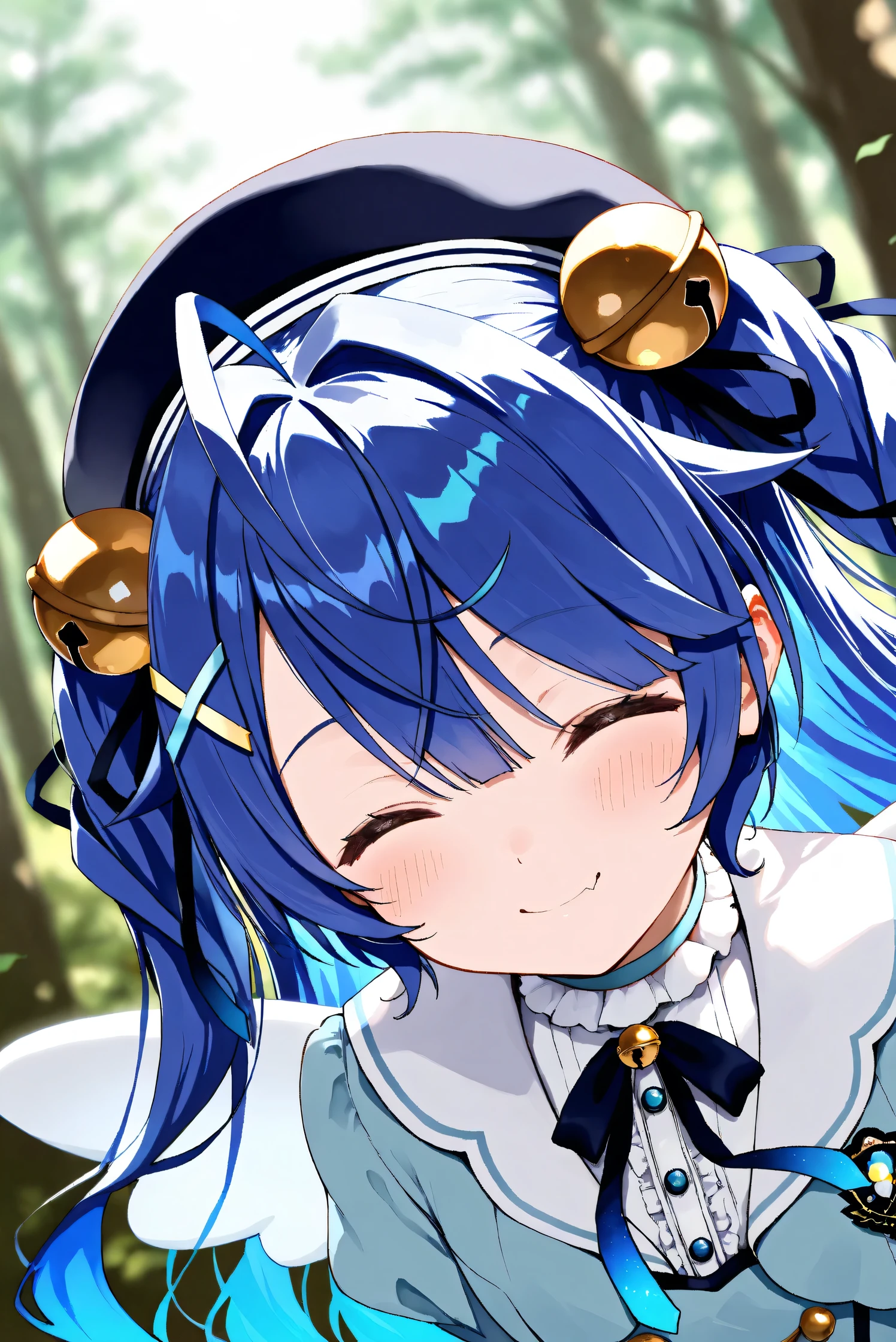 (Masterpiece), (Highest quality), (Very detailed),
(The best shape), (Best Shadow), (Absurd),
(Detailed background), (So beautiful), Shiny ,
Extraordinary, Countershading, 8k, 32K, High resolution,
Very Detailed CG, UHD,
Score_9, Score_8_up, Score_7_up, Source_anime,
(Pastel painting:1.2), (Watercolor painting:1.2),
(Masterpiece, Detailed:1.2), (Foreshortening:1.2),
Cinematic, Dramatic, (Depth of field:1.4),
(Blurry background:1.4), (Realistic background:1.4),
(Foreshortening:1.3),Dynamic angle, 1 girl,
Outdoor, Nature, Wind, forest,
Amamiya Kokoro,
nijisanji, virtual youtuber,
akokoro, ribbon, hair bell, x hair ornament, two side up, skin fang,
beret, dress, blue dress, long sleeves, jingle bell, wings,
portrait, Focus on face, (close up shot:1.2),
(Blush:1.3), happy, smile, her eyes closed,
arms behind back,
Realistic skin, Shiny skin,