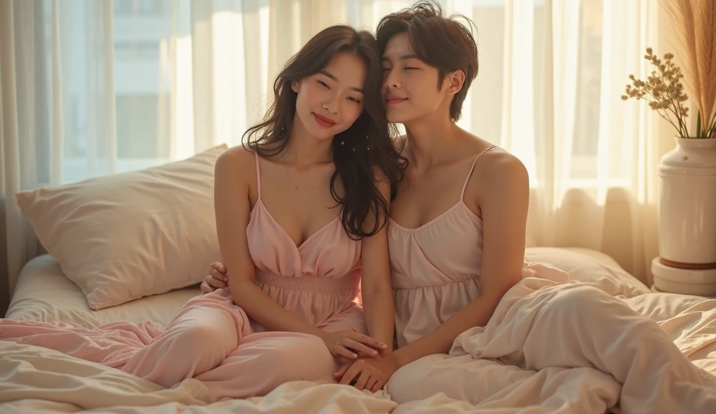 early morning，Original Photography，Practical，realistic，A young girl and a young man in a romance ,Sexy atmosphere，Morning Girl, 22 years old, Practical, She was wearing a long pink nightgown, brown hair，Small cleavage，Slender long legs