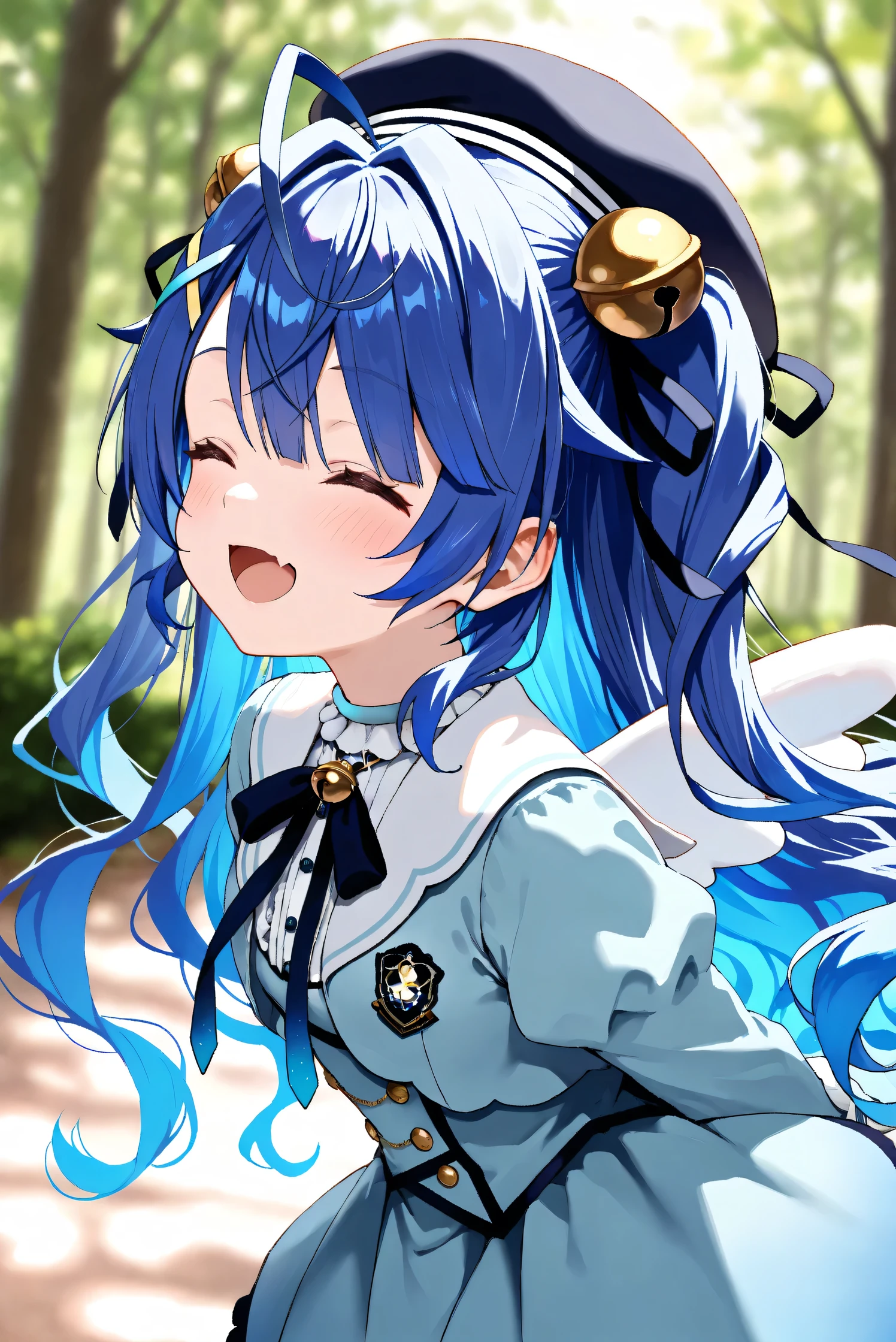 (Masterpiece), (Highest quality), (Very detailed),
(The best shape), (Best Shadow), (Absurd),
(Detailed background), (So beautiful), Shiny ,
Extraordinary, Countershading, 8k, 32K, High resolution,
Very Detailed CG, UHD,
Score_9, Score_8_up, Score_7_up, Source_anime,
(Pastel painting:1.2), (Watercolor painting:1.2),
(Masterpiece, Detailed:1.2), (Foreshortening:1.2),
Cinematic, Dramatic, (Depth of field:1.4),
(Blurry background:1.4), (Realistic background:1.4),
(Foreshortening:1.3),Dynamic angle, 1 girl,
Outdoor, Nature, Wind, forest,
Amamiya Kokoro,
nijisanji, virtual youtuber,
akokoro, ribbon, hair bell, x hair ornament, two side up, skin fang,
beret, dress, blue dress, long sleeves, jingle bell, wings,
portrait, Focus on face, (close up shot:1.2),
(Blush:1.3), happy, smile, her eyes closed,
arms behind back,
Realistic skin, Shiny skin,