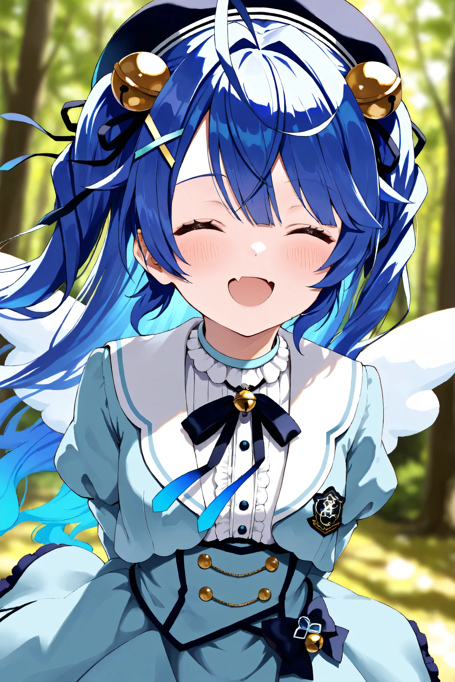 (Masterpiece), (Highest quality), (Very detailed),
(The best shape), (Best Shadow), (Absurd),
(Detailed background), (So beautiful), Shiny ,
Extraordinary, Countershading, 8k, 32K, High resolution,
Very Detailed CG, UHD,
Score_9, Score_8_up, Score_7_up, Source_anime,
(Pastel painting:1.2), (Watercolor painting:1.2),
(Masterpiece, Detailed:1.2), (Foreshortening:1.2),
Cinematic, Dramatic, (Depth of field:1.4),
(Blurry background:1.4), (Realistic background:1.4),
(Foreshortening:1.3),Dynamic angle, 1 girl,
Outdoor, Nature, Wind, forest,
Amamiya Kokoro,
nijisanji, virtual youtuber,
akokoro, ribbon, hair bell, x hair ornament, two side up, skin fang,
beret, dress, blue dress, long sleeves, jingle bell, wings,
portrait, Focus on face, (close up shot:1.2),
(Blush:1.3), happy, smile, her eyes closed,
arms behind back,
Realistic skin, Shiny skin,
