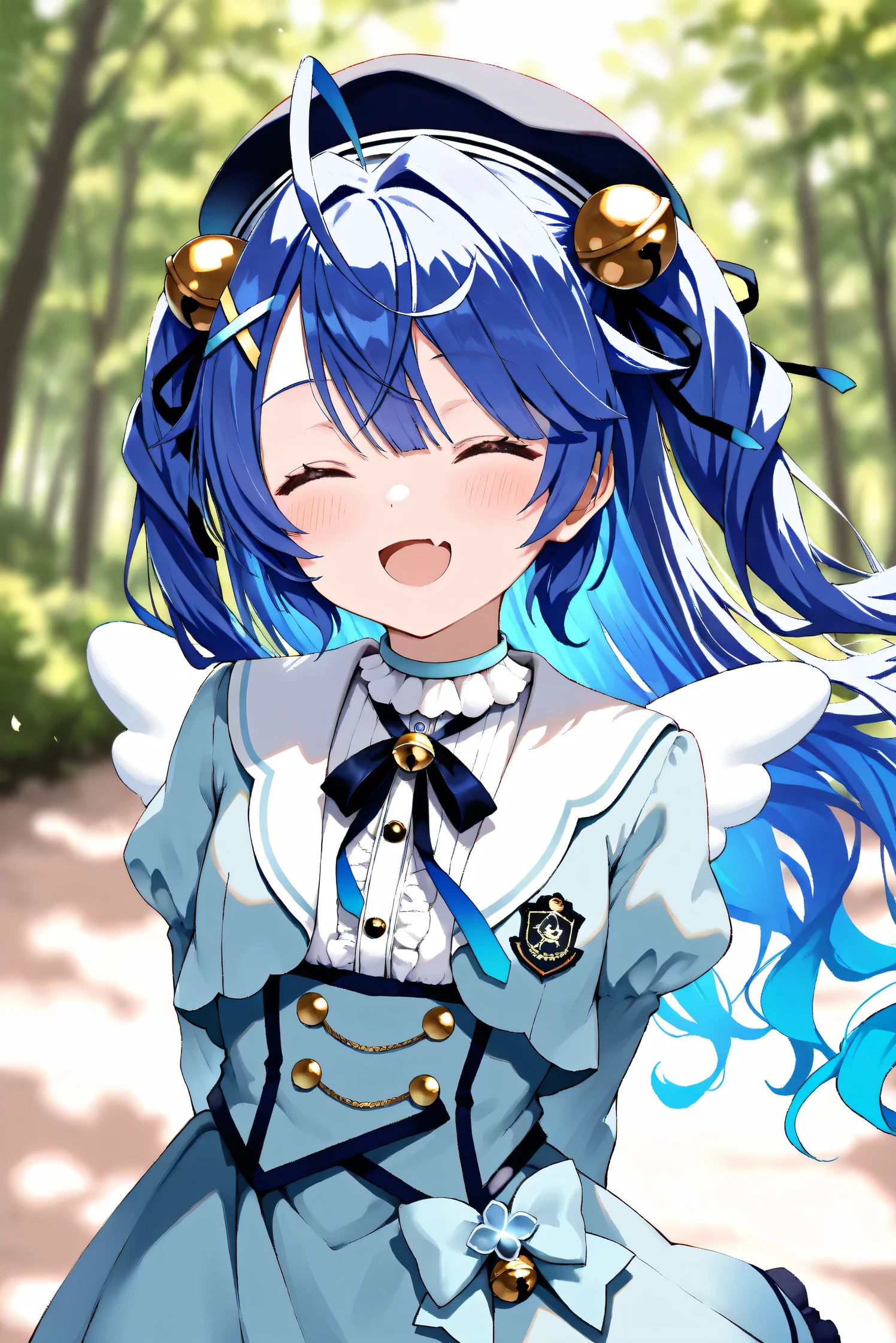 (Masterpiece), (Highest quality), (Very detailed),
(The best shape), (Best Shadow), (Absurd),
(Detailed background), (So beautiful), Shiny ,
Extraordinary, Countershading, 8k, 32K, High resolution,
Very Detailed CG, UHD,
Score_9, Score_8_up, Score_7_up, Source_anime,
(Pastel painting:1.2), (Watercolor painting:1.2),
(Masterpiece, Detailed:1.2), (Foreshortening:1.2),
Cinematic, Dramatic, (Depth of field:1.4),
(Blurry background:1.4), (Realistic background:1.4),
(Foreshortening:1.3),Dynamic angle, 1 girl,
Outdoor, Nature, Wind, forest,
Amamiya Kokoro,
nijisanji, virtual youtuber,
akokoro, ribbon, hair bell, x hair ornament, two side up, skin fang,
beret, dress, blue dress, long sleeves, jingle bell, wings,
portrait, Focus on face, (close up shot:1.2),
(Blush:1.3), happy, smile, her eyes closed,
arms behind back,
Realistic skin, Shiny skin,
