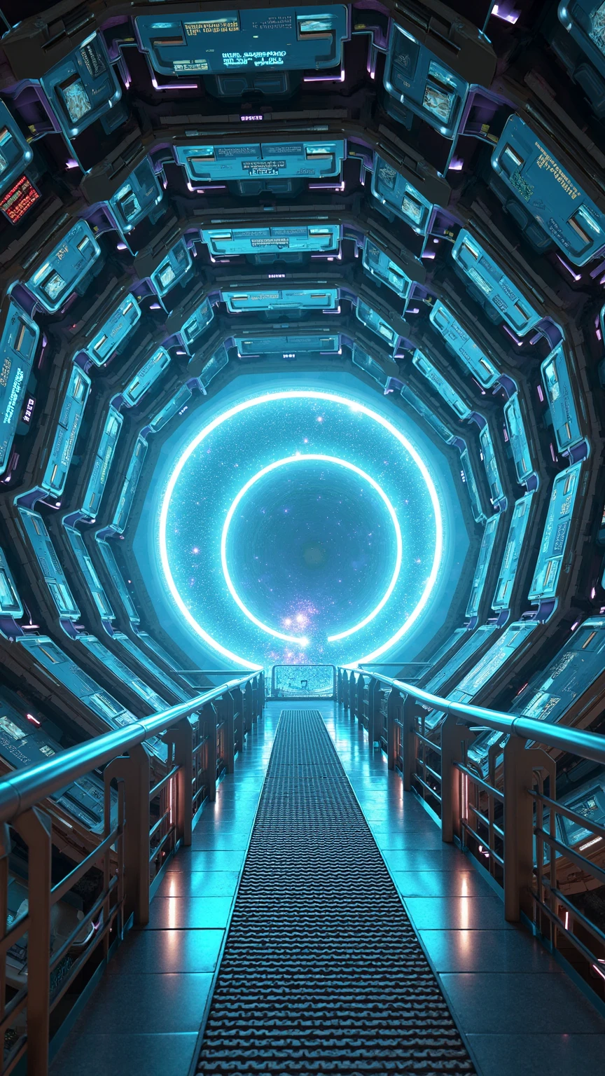 futuristic cybernetic tunnel interior scene featuring a cylindrical vortex of densely packed digital city-block modules forming concentric stacked hexagonal rings spiraling toward a luminous circular portal opening to a starry nebula sky. Subject details: individual blocks composed of translucent glass-like panels with beveled edges, exposed brushed steel frames, micro-etched circuit patterns, glowing data conduits and flickering holographic glyph projections. Ambient elements: drifting nano-dust and floating holographic interface elements displaying scrolling binary code and 3d schematics. Dynamic glitch distortions intermittently ripple across tunnel surfaces, releasing drifting pixel shards and prismatic light bursts. Medium: digital painting, hyper-realistic 3D render, artstation concept art quality, Unreal Engine level detail. Style: cinematic photorealistic cyberpunk with ultra-detailed procedural textures, high dynamic range imaging, dynamic bloom and intermittent lens dust effects. Composition: interior first-person perspective centered on portal, panoramic aspect ratio 16:9, symmetrical radial perspective lines guiding eye inward, layered depth through overlapping block tiers, foreground framing includes grated maintenance walkway with illuminated access panels and partial alloy railing segments. Lighting: internal emissive neon tubes casting vivid cyan and electric blue rim glows, subtle magenta accent pulses, volumetric light shafts cutting through misty digital haze, specular highlights on metallic edges and glass surfaces. Color Palette: dominant electric cyan and deep azure hues, accented by soft magenta and violet flickers, dark indigo shadows and silver metallic highlights. Mood/Atmosphere: mesmerizing vertiginous ambience evoking infinite digital depth, sense of awe and boundless virtual exploration. Technical Specs: SD Flux variant: flux-v1
