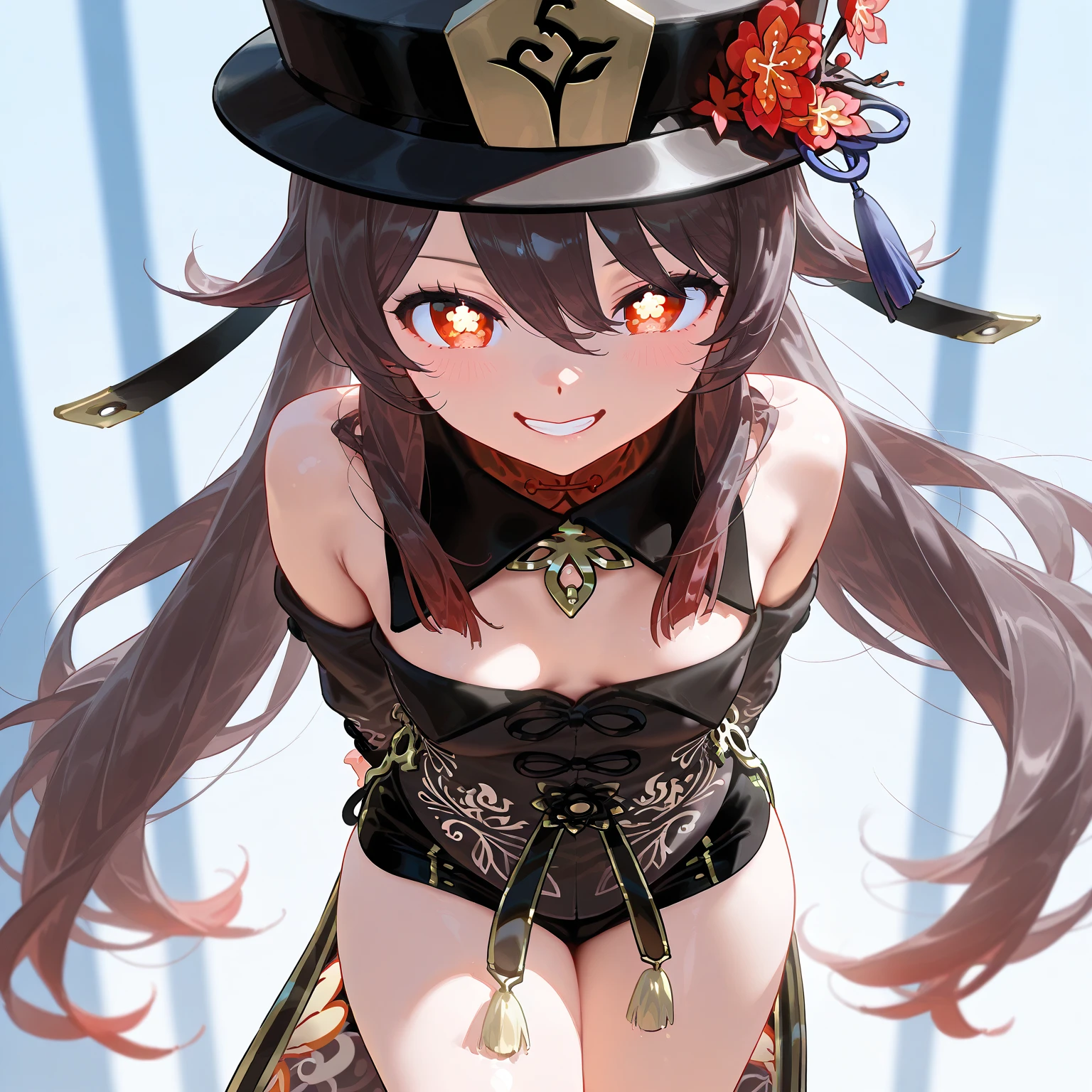anime artwork, score_9, score_8_up, score_7_up, score_6_up, score_5_up, score_4_up, hu tao, she is 24 years old, style_3, gray background, , , , , _, , sit, , solo, bikini, finger frame 