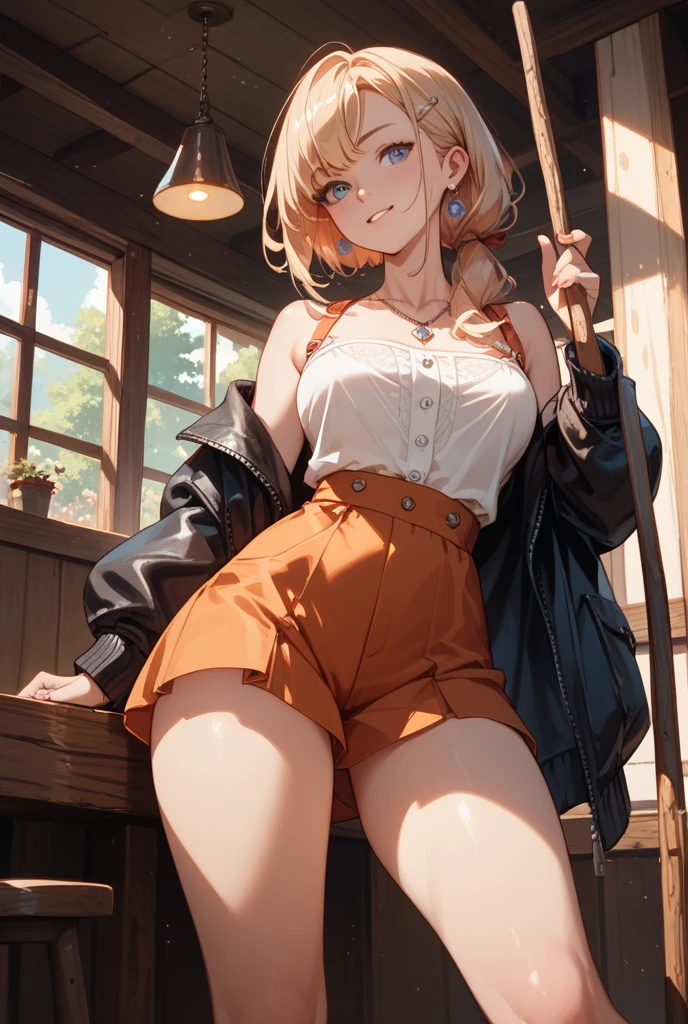 21 year old woman with blonde hair, Turquoise eyes, big , A short ponytail and a black bow are tied on the back...  Wearing a white shirt and short jeans, sitting at a coffee shop. in the rain Gesture of drinking coffee