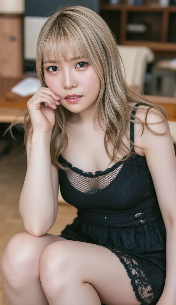 Best quality, masterpiece, ultra high res, raw photo, beautiful and aesthetic,deep shadow, dark theme,(photorealistic:1.4),
(1girl,((green eyes, smile:1.2,closed eyes:0.66)),scarlett_johansson, pantyhose, pleated skirt, black shirt),makeup, (thin face),