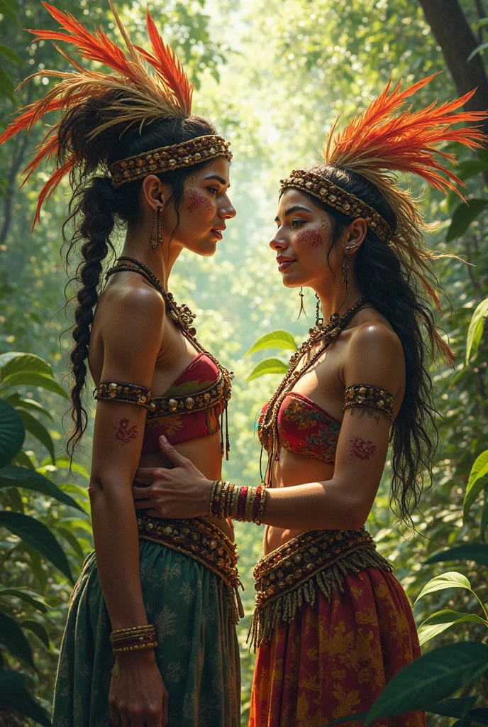 A 19-year-old native beautiful Apache woman with tanned skin and a 20-year-old Apache woman with tanned skin. Both are dressed in traditional sexy Apache attire., her long red hair blowing in the wind as they kiss passional. professional photography, natural lighting, volumetric lighting maximalist photo illustration 8k resolution concept art intricately detailed, complex, elegant, expansive, fantastical, realistic beauty, long red hair, unique eyes, natural beauty, forest, feminine, rain, river bank, sultry beauty, professional portrait, abstract beauty. super detailed photography, Play of light in the sun rain, downpour, ((a drop of water falling from a height onto the surface of the water)), splashes, luminism, intricate, 4k concept art volumetric light, unrealistic engine, global illumination, detailed environment.