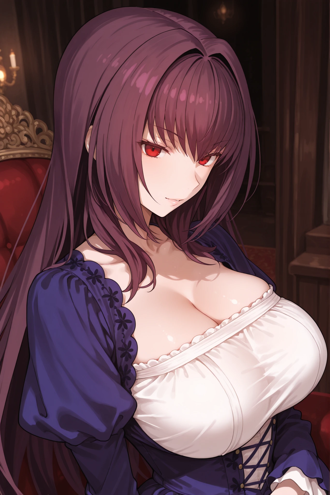 scathach (fgo), 1girl,long hair, purple hair, red eyes, large breasts, short Renaissance dress,