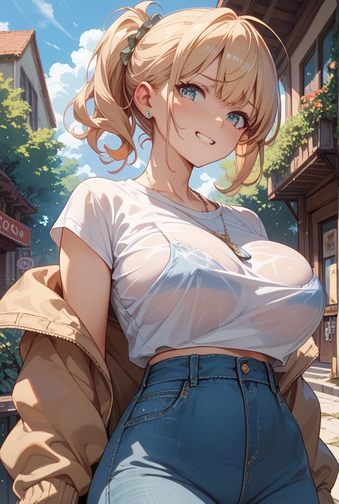 (8K、Highest image quality、highest quality、masterpiece)、detailed face、1 girl、((brown skin:1.5))、gyaru、yellow hair、medium hair、wavy hair、gray eyes、earrings、evil smile、((big breasts))、((white shirt))、((open clothes))、cleavage、((((black micro miniskirt))))、cowboy shot、Urban background