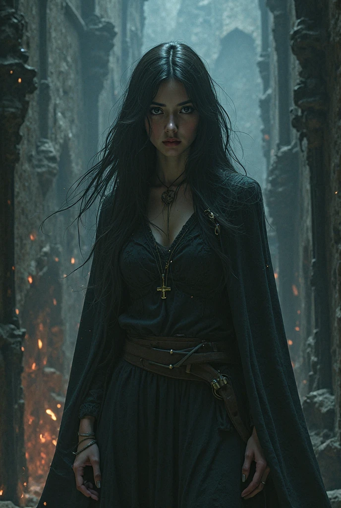 Witch , forever Young, cursed Mark ,DARK Energy flows , ancient Devil book , possessed by the Devil ,Red eyes ,very very long Hair ,flat chest ,Slender ,slim ,DARK Demon Queen Robe ,cursed,evil smile,demon witch,Devil,burning city