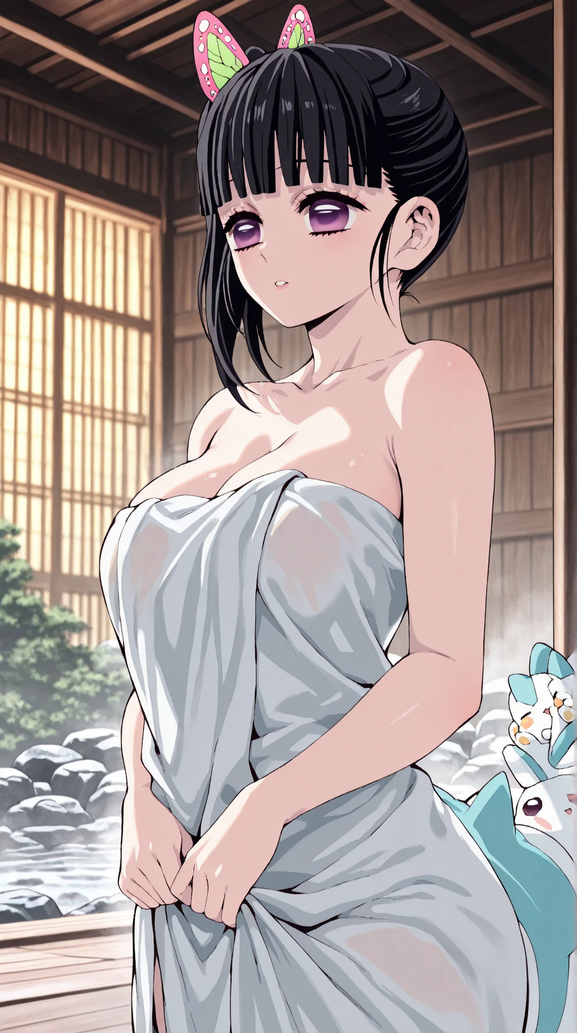 Girl with long black pontyail and glistening blue eyes, in a sakura onsen. small breasts, exposed breasts, removing clothes, undressing, exposing breasts, exposed midriff, exposed , naked, , embarrassed. kimono. undressed kimono, blue kimono, naked from kimono, lying down, sexy, erotic, , sexy pose, erotic pose, cute face, blurred background, sweaty, pose, sexual pose. close-up (Small breasts 1.6)