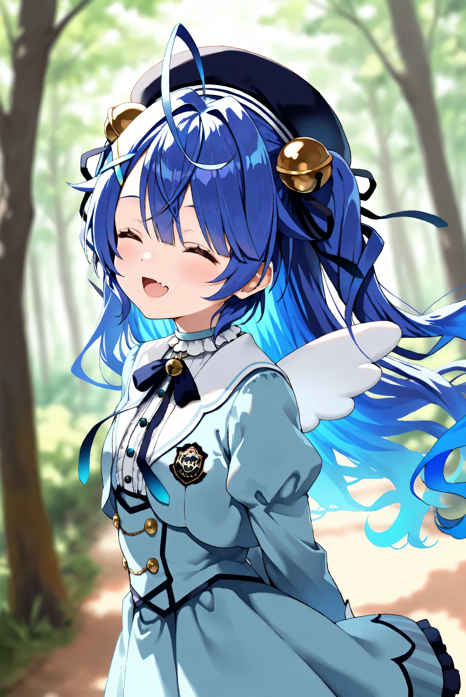 (Masterpiece), (Highest quality), (Very detailed),
(The best shape), (Best Shadow), (Absurd),
(Detailed background), (So beautiful), Shiny ,
Extraordinary, Countershading, 8k, 32K, High resolution,
Very Detailed CG, UHD,
Score_9, Score_8_up, Score_7_up, Source_anime,
(Pastel painting:1.2), (Watercolor painting:1.2),
(Masterpiece, Detailed:1.2), (Foreshortening:1.2),
Cinematic, Dramatic, (Depth of field:1.4),
(Blurry background:1.4), (Realistic background:1.4),
(Foreshortening:1.3),Dynamic angle, 1 girl,
Outdoor, Nature, Wind, forest,
Amamiya Kokoro,
nijisanji, virtual youtuber,
akokoro, ribbon, hair bell, x hair ornament, two side up, skin fang,
beret, dress, blue dress, long sleeves, jingle bell, wings,
portrait, Focus on face, (close up shot:1.2),
(Blush:1.3), happy, smile, her eyes closed,
arms behind back,
Realistic skin, Shiny skin,