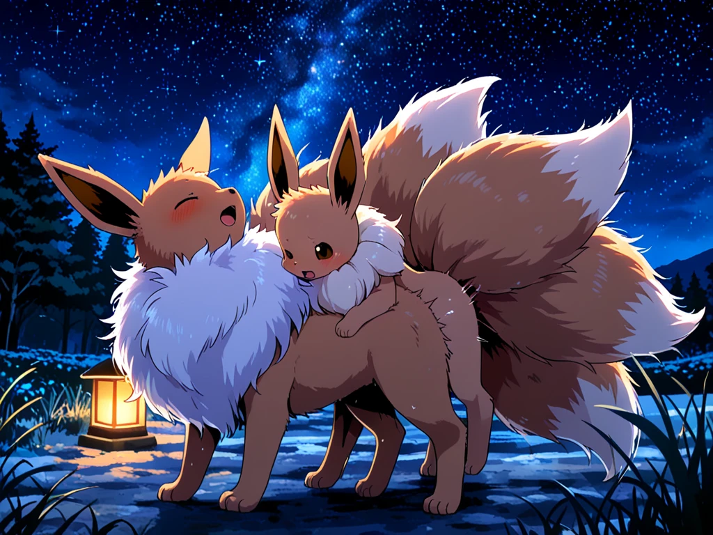 (feral:1.4), (quadrupedal:1.4), fluffy, field of flowers, moonlit night, \( \), (eevee:1.2), (((quadruped, feral, canine))), (Collar:1.2), (Curly tail:1.2), (in heat:1.4), (Aroused expression:1.4), (Half-lidded eyes:1.4), looking at partner, (by Rukifox:1.2), (By Hioshiru:1.2), blushing, (petite:1.4), (petite hips:1.4), (petite body:1.4), (duo:1.4), (Canine pussy:1.6), (Plump labia:1.2), animal_anus, (Three-quarter view:1.2), (pussy juice:1.2), (Brown crotch:1.4), (brown fur:1.4), (on back, spread legs:1.2), (male on top:1.2), (mating press:1.2), (Vaginal penetration:1.4), (Rear view:1.4), (Canine penis:1.2), (balls:1.2), (Knotting:1.4), (Deep penetration:1.4), (Cum inside:1.4)