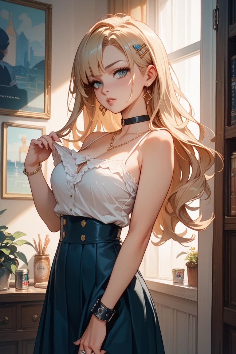 A woman, 30 years old, Mature, Super textured hair, Extra long wavy hair, Single ear front hair, Nice face, Super detailed eyes, Grow eye hair, shining pupils, Charming eyes, Beautiful and delicate lips, seductive smile, A light blush, Very detailed face, Extra detailed body, High quality real skin texture, white collared shirt, black skirt, (semi-sheer chiffon), Lace trim at hem, black lace underwear, barefoot,