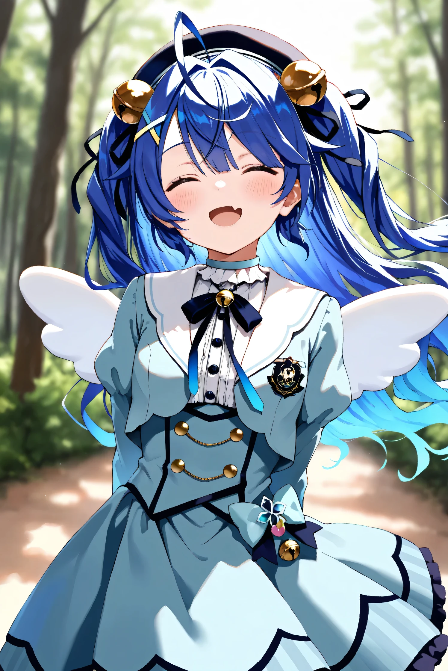 (Masterpiece), (Highest quality), (Very detailed),
(The best shape), (Best Shadow), (Absurd),
(Detailed background), (So beautiful), Shiny ,
Extraordinary, Countershading, 8k, 32K, High resolution,
Very Detailed CG, UHD,
Score_9, Score_8_up, Score_7_up, Source_anime,
(Pastel painting:1.2), (Watercolor painting:1.2),
(Masterpiece, Detailed:1.2), (Foreshortening:1.2),
Cinematic, Dramatic, (Depth of field:1.4),
(Blurry background:1.4), (Realistic background:1.4),
(Foreshortening:1.3),Dynamic angle, 1 girl,
Outdoor, Nature, Wind, forest,
Amamiya Kokoro,
nijisanji, virtual youtuber,
akokoro, ribbon, hair bell, x hair ornament, two side up, skin fang,
beret, dress, blue dress, long sleeves, jingle bell, wings,
portrait, Focus on face, (close up shot:1.2),
(Blush:1.3), happy, smile, her eyes closed,
arms behind back,
Realistic skin, Shiny skin,