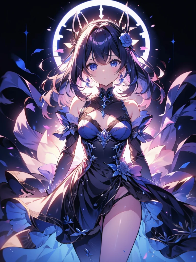meilleur qualité, Jeune femme papillon, cheveux bleu nuit, une (gigantesque poitrine:1.4), antenne d'insecte sur la tête, ailes de papillon, tenue sexy, dans une nuit étoilée