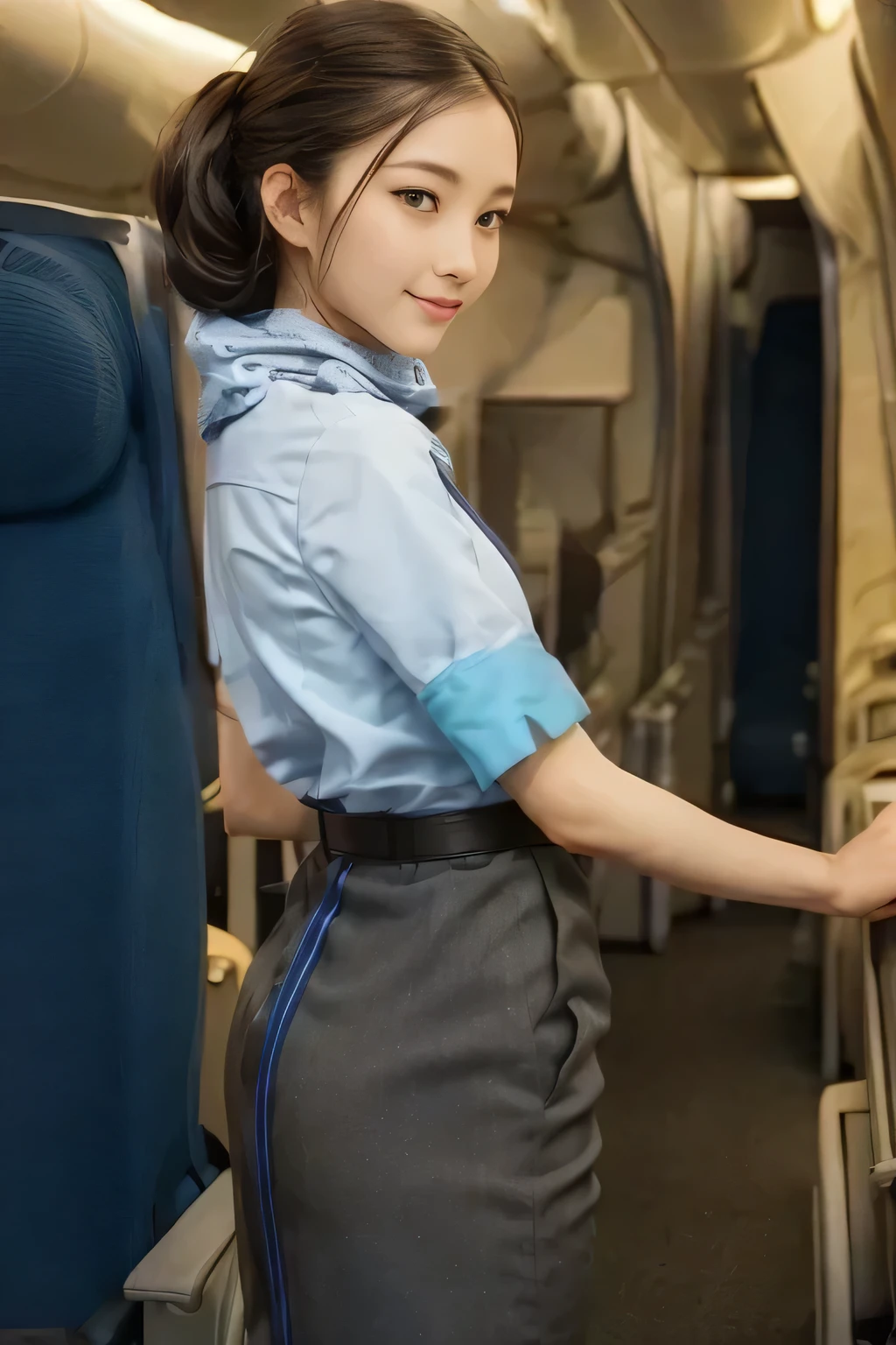 (masterpiece:1.2, Highest Quality:1.2), 32khigh resolutionR, high resolution 。 perfect for loosely aligning legs , (alone、 1 girl on break day)、( Daytime building roof 、 professional lighting that reflects the ankle )、 towards the roof of the building 、(ANA flight attendant uniform blue wear 、real style )、(( ANA flight attendant uniform 、 ANA flight attendant uniform blue skirt 、 has blue lines on the back 、 wrap a scarf around your neck ))、 lots of dark brown hair 、( long hair、 hair like dots、 hair like dots, braid summary hair )、 lots of dark brown hair 、 long hit 、Big Breasts、thin legs、(( amazing hands :2.0)),(( 。 hold your hands over the 。 :1.5)),((In general limb:2.0)),((In general :2.0)),(( clock:2.0)),((In general goal :2.0)))、 smile 、( figure blue )、 join hands under the body