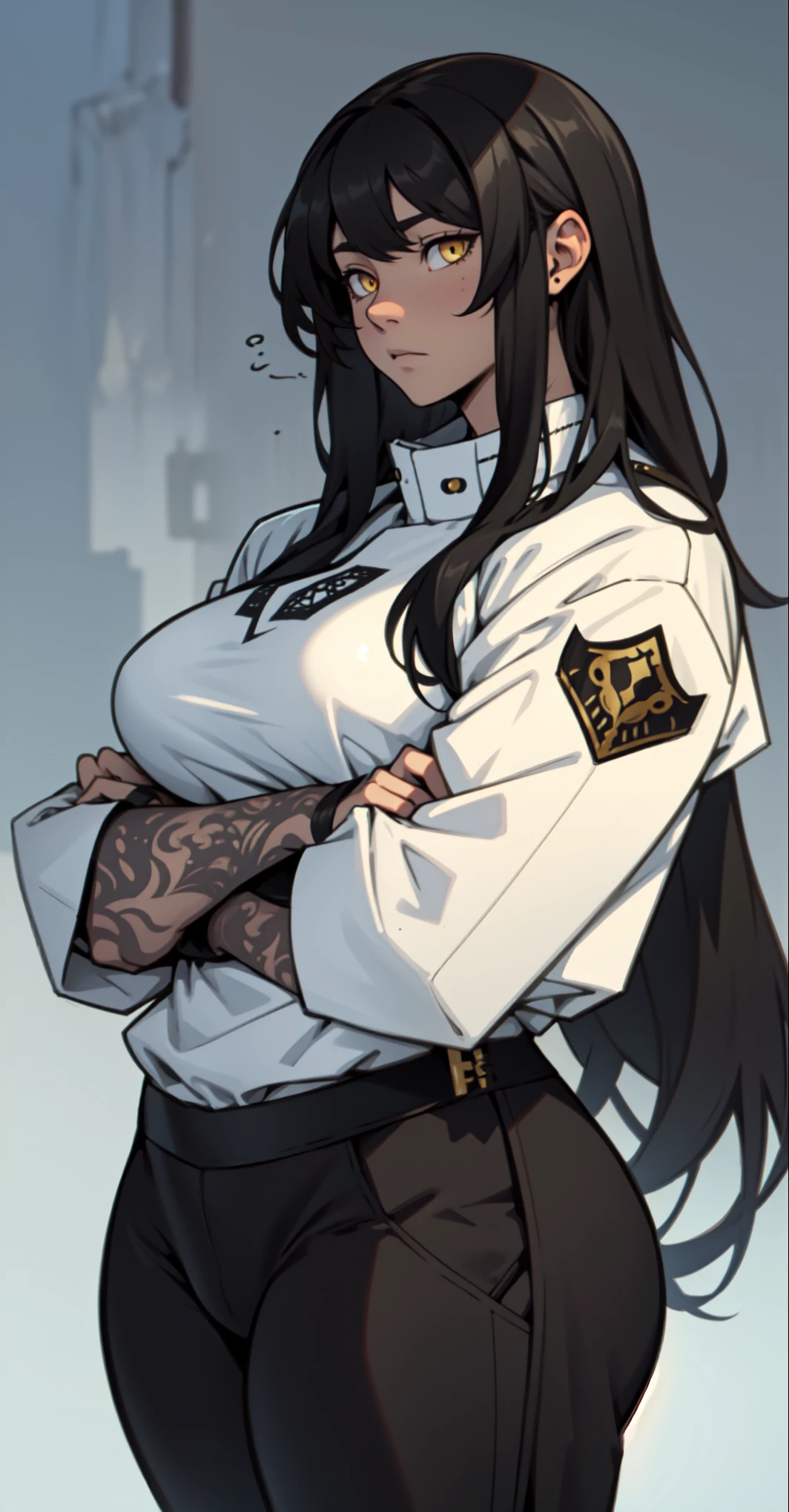 ((intricate clothing detailed clothing)) sad solo standing skindentation muscular big breasts toned body yellow eyes black hair pale skin thick very long hair very long hair empty eyes embarrassed thick