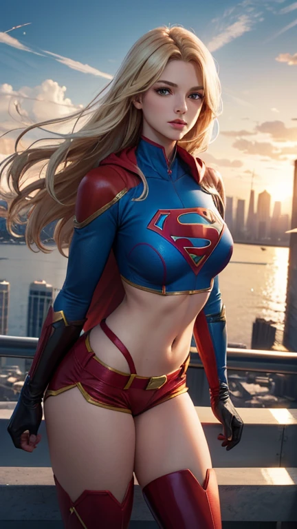 The actress Milly Alcock as the character Supergirl, perfect costume, traditional 'S' in the chest, sitting squatting, extremely beautiful blue eyes, beautiful blond hair, incredible beautiful anatomy, smooth curves, perfect anatomy, perfect smile, red cape, space in the background