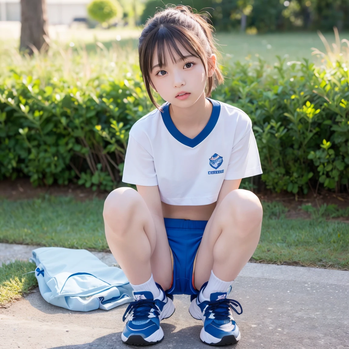 realisitic、Japanese high school girl、School swim wear、sitting on、Open legs、Short black hair 、(Inter-strands:1.8)