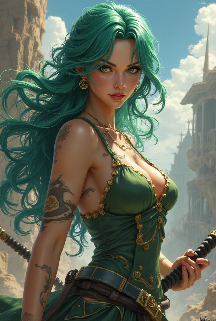 There is summer dale covered with flowers and grass and flying elemental wisps, There stand female sylph, she have beautiful face with green eyes, green eye shadows, and green lipstick, long windy emerald hair, and tattoos over all her body, arms and legs, she have naked top and and skirt made of green leaf and flowers, and windy aura around her, (ultra high quality fantasy art, dark fantasy style, masterpiece, ultra high quality character design, 8k quality anime art, realistic anime art, top quality wallpaper illustration, detailed ultra high quality accurate face, high quality design and accurate physic)